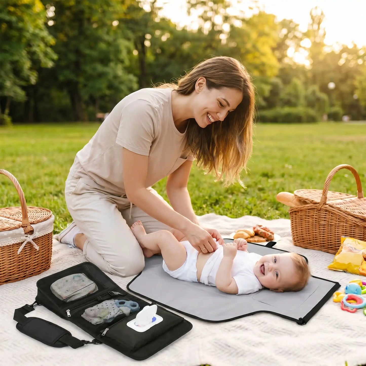 Tapis à langer nomade noir imperméable avec rangement intégré pour couches et lingettes