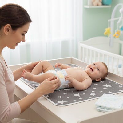 Tapis à langer nomade motif étoiles blanches confortable et imperméable pour bébé en déplacement