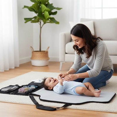 Tapis à langer nomade noir ouvert surface confortable et douce pour changer bébé