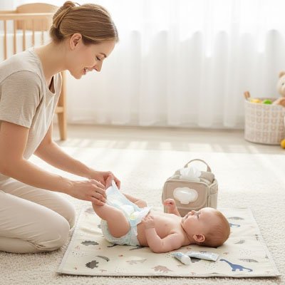Tapis à langer nomade utilisé en extérieur pour changer bébé